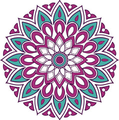 Colorful floral mandala illustration featuring teal and purple elements on white background