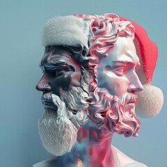 Classical dual-faced marble statue with realistic texture, wearing a Santa Claus hat. Half of the face is dark-toned, the other light, symbolizing contrast and festivity in surreal style.
