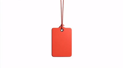 Red tag hangs by string, perfect for price tags or product labels.
