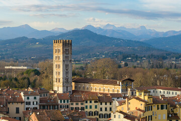 Basilica di San Frediano and bell tower in Lucca, Italy, with Romanesque architecture. View from...