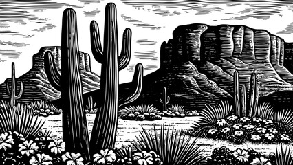 Arizona’s Sonoran Desert with tall saguaro cacti, desert flowers, red rock formations, and bright skies represented in a clean black and white line art illustration for southwestern themes