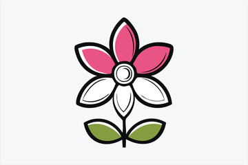Cute Pink Flower Illustration with Black Outline and Leaves on White