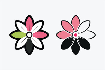 Two stylized flowers with pink green white and black petals on white background