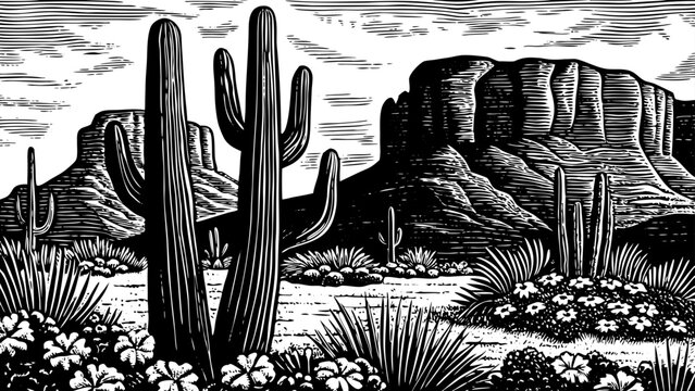 Arizona’s Sonoran Desert with tall saguaro cacti, desert flowers, red rock formations, and bright skies represented in a clean black and white line art illustration for southwestern themes