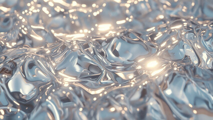 Captivating Liquid Silver Surface with Golden Sun Glare and Shimmering Waves - Dreamlike Abstract Background