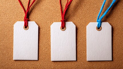 Three blank tags with red and blue strings on a cork board background.