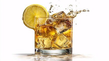 Whiskey drink with ice cubes and lemon slice creates a refreshing splash.
