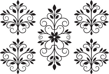 Ornamental black floral elements with leaves and swirls in a decorative vector pattern