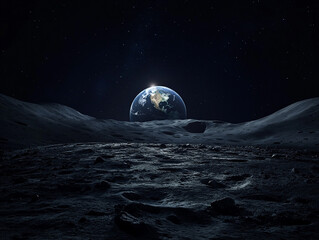A view of planet Earth rising above the moon’s barren surface under a starry night sky. The image conveys space exploration and wonder.

