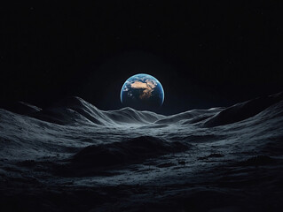 A view of planet Earth rising above the moon’s barren surface under a starry night sky. The image conveys space exploration and wonder.

