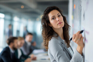 Focused Leadership: A poised woman, deeply engrossed in thought, pens her vision upon the crisp white canvas of a whiteboard.