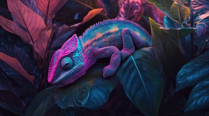 Vivid Chameleon Resting on Leaf with Vibrant Pink and Blue Tones
