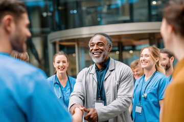 Medical Collaboration and Agreement: A friendly medical professional is seen shaking hand and greeting with his co-workers, embodying mutual respect in a bright daylight setting. 
