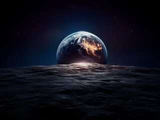 A view of planet Earth rising above the moon’s barren surface under a starry night sky. The image conveys space exploration and wonder.

