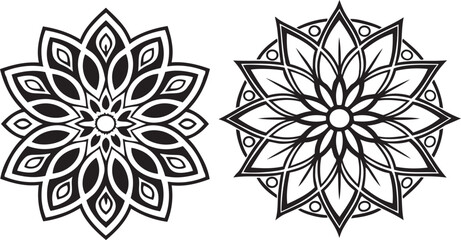 Obraz premium Two elegant black and white floral mandala vector designs on white background