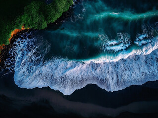 A powerful aerial view of ocean waves crashing in a circular motion with a single boat riding the crest, captured in vibrant blues and whites.

