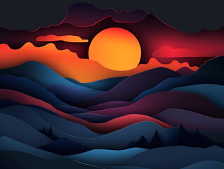 Stylized paper-cut artwork of hilly landscapes and pine trees under an orange sun. Clean design with layered shadows creates depth and warmth.

