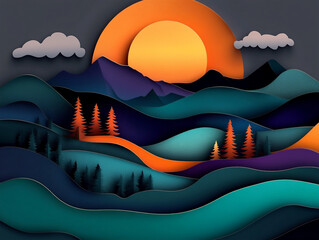 Stylized paper-cut artwork of hilly landscapes and pine trees under an orange sun. Clean design with layered shadows creates depth and warmth.

