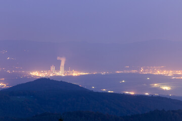Coal power plant in Czech Republic seen from above at night