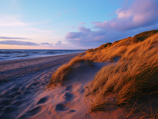 Golden grasses grow in the sand dunes of a beach at sunset. The sky glows in deep blues and oranges, creating a tranquil coastal moment.

