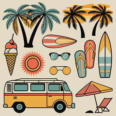 Retro summer vacation vector illustration featuring beach sunset, palm trees, surfboard, ice cream, sunglasses, flip-flops, tropical drink, and vintage motel van in nostalgic 1980s style