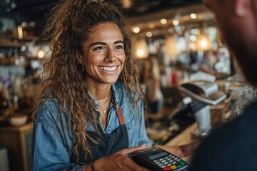 Fototapeta premium Kindly smiling saleswoman holding POS machine and accepting wireless transaction debit card to make a cashless payment. Contactless payment, lifestyle technology. 