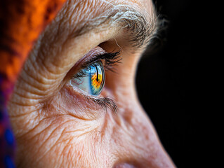 Macro image of an elderly woman's eye with visible wrinkles and skin texture. The eye’s vibrant blue-green iris contrasts the warm, aged skin.


