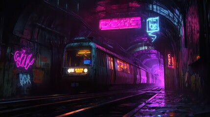 Neon-lit Subway Station with Futuristic Train and Graffiti Art in Cyberpunk Style
