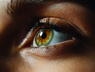 A hyper-realistic macro image of a human eye featuring a vibrant, fiery iris with incredible detail. The lashes, skin texture, and reflections bring life and intensity to this close-up.

