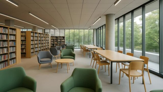 Wide-angle shot of a modern library with large windows, green chairs, and wooden tables, creating a serene setting for a video on learning spaces.