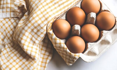 Fresh brown eggs in carton resting