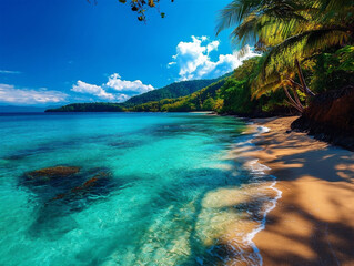 A vibrant tropical beach scene with turquoise water, soft golden sand, and leaning palm trees casting shadows on the shore. The backdrop features lush green hills under a bright blue sky with scattere