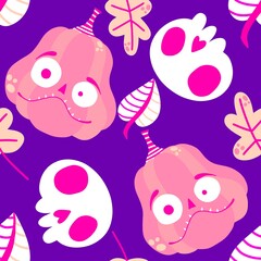 Fototapeta premium Autumn harvest vegetable seamless monster Halloween pumpkins pattern for wrapping paper and fabrics