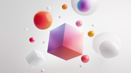 Minimal abstract education concept with floating 3D geometric shapes &ndash; white gradient background, symbolizing logic, creativity, and structured learning in modern academic visuals
