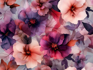 A soft and elegant watercolor-style floral illustration featuring delicate pink, peach, and coral flowers with muted green-blue leaves. The flowers are gently scattered over a pale background, giving 