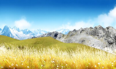 Alpine meadow under bright blue sky