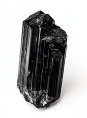 Black tourmaline crystal specimen, isolated white background.  Possible use Jewelry
