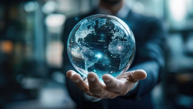 Businessman holds digital globe, modern office background.  Possible use global business concept