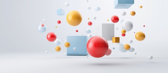 Abstract back-to-school scene with floating 3D cubes and spheres &ndash; modern design symbolizing creativity and logic on clean white gradient background with copy space
