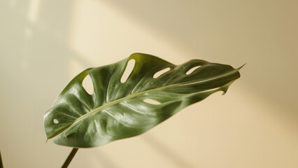 Serene Ultra-High Resolution Close-up of a Vibrant Monstera Deliciosa Leaf with Sunlight and Shadows on a Minimalist Beige Background