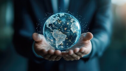 Businessman holds digital Earth globe, modern office