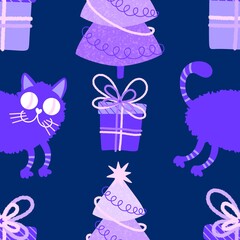 Christmas cartoon animals seamless cats and toys pattern for wrapping paper