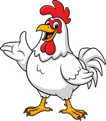 Cartoon white rooster waving, cheerful chicken character, red comb and wattle, yellow beak and feet, smiling bird expression, vector illustration, farm animal mascot