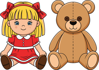 Cartoon doll and teddy bear illustration, blonde girl toy with red dress, stitched plush bear, sitting pose, cute vintage style, vector drawing, childhood icons