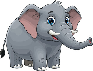 Cartoon elephant character illustration, smiling gray animal, large ears, blue eyes, friendly expression, tusks and hair tuft, vector artwork, zoo animal design