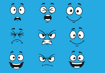 Cartoon face expression set, nine emotional character icons, surprised, angry, smiling, shouting, quirky styles, colorful blue background, vector illustration, mood chart design