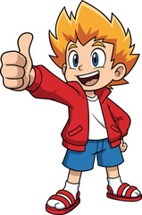 Cartoon character thumbs-up pose, smiling blonde boy, red jacket outfit, blue shorts and sandals, cheerful gesture, expressive face, vector illustration, mascot design