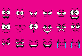 Cartoon face expression set, twenty emotional variations, smile, frown, surprise, love, anger, quirky designs, round face icons, vector illustration, mood chart