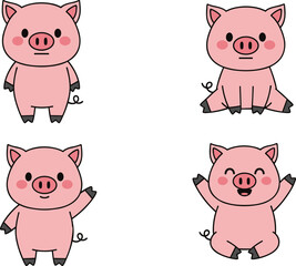 Cartoon pig character set, four pink pigs in different poses, smiling faces, waving hand, sitting and standing variations, curly tail, vector farm animal illustration