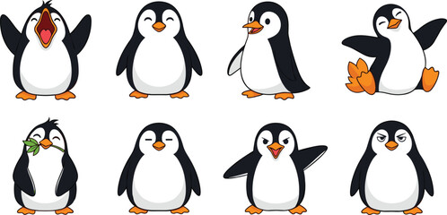 Cartoon penguin character set, eight expressive penguins, playful poses, sitting, waving, holding leaf, smiling, shouting, stern face, vector illustration, arctic animal design